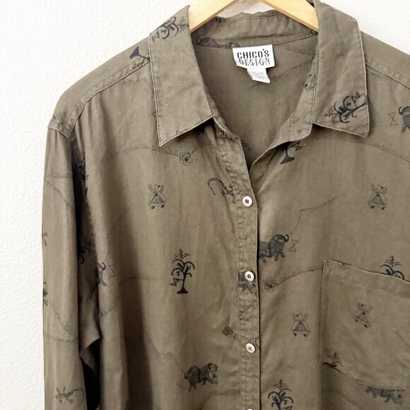 CHICO'S DESIGN | Olive Army Green Black Print Abstract Button Down | Size 3, XL - Picture 2 of 7